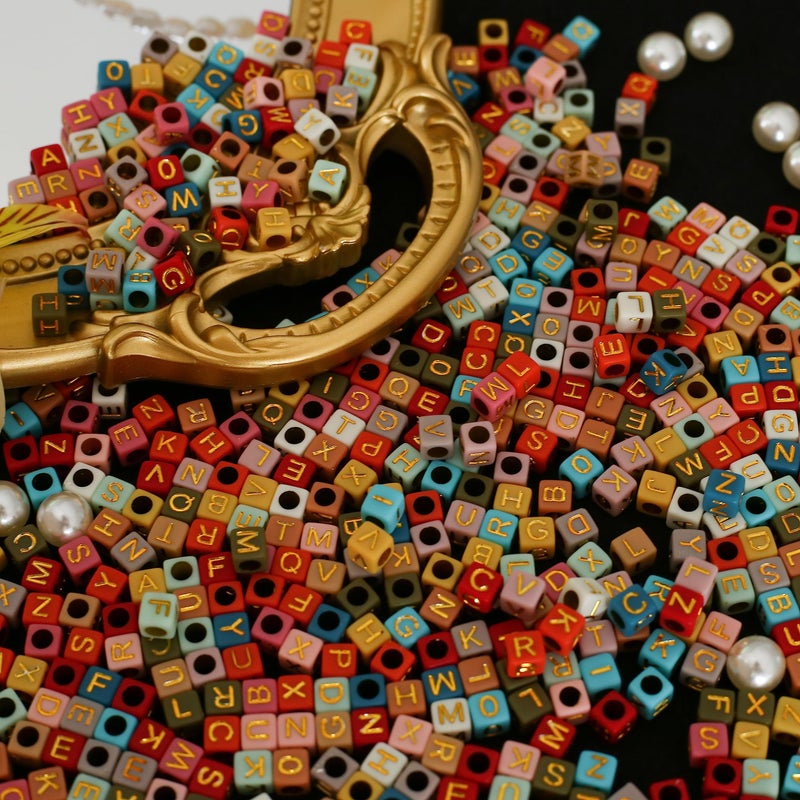 HERZWILD 1000pcs Square Alphabet Beads Acrylic Letters (A-Z) Beads 6 * 6mm Cube Letter Beads Gold Letter Colorful Beads for Jewellery Crafts (6 * 6 Colorful Gold) - Image 1